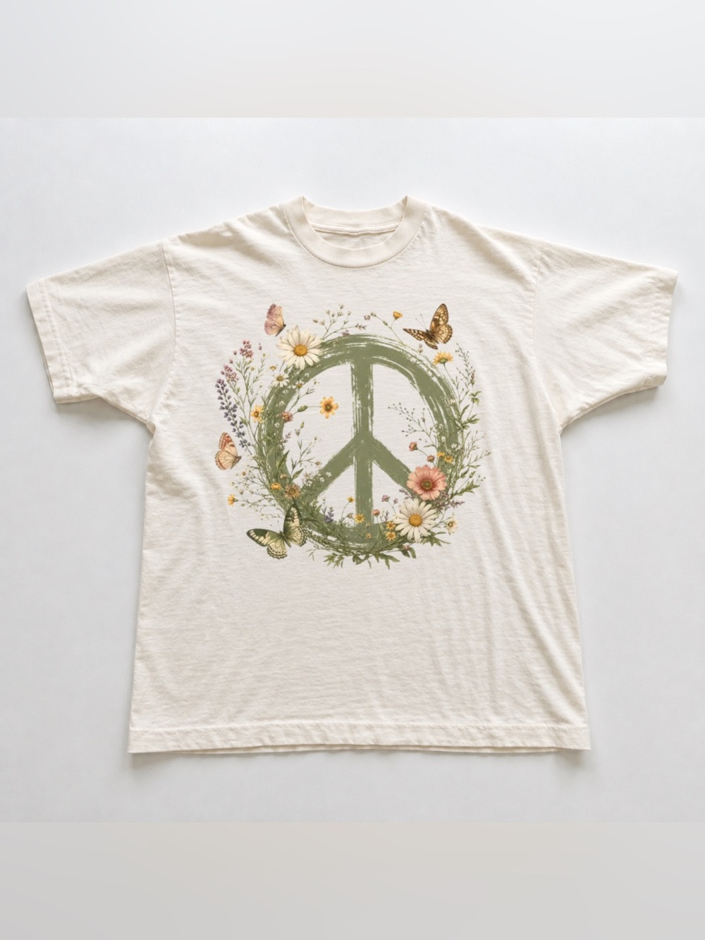 Off White Tee with Green Floral Peace Sign